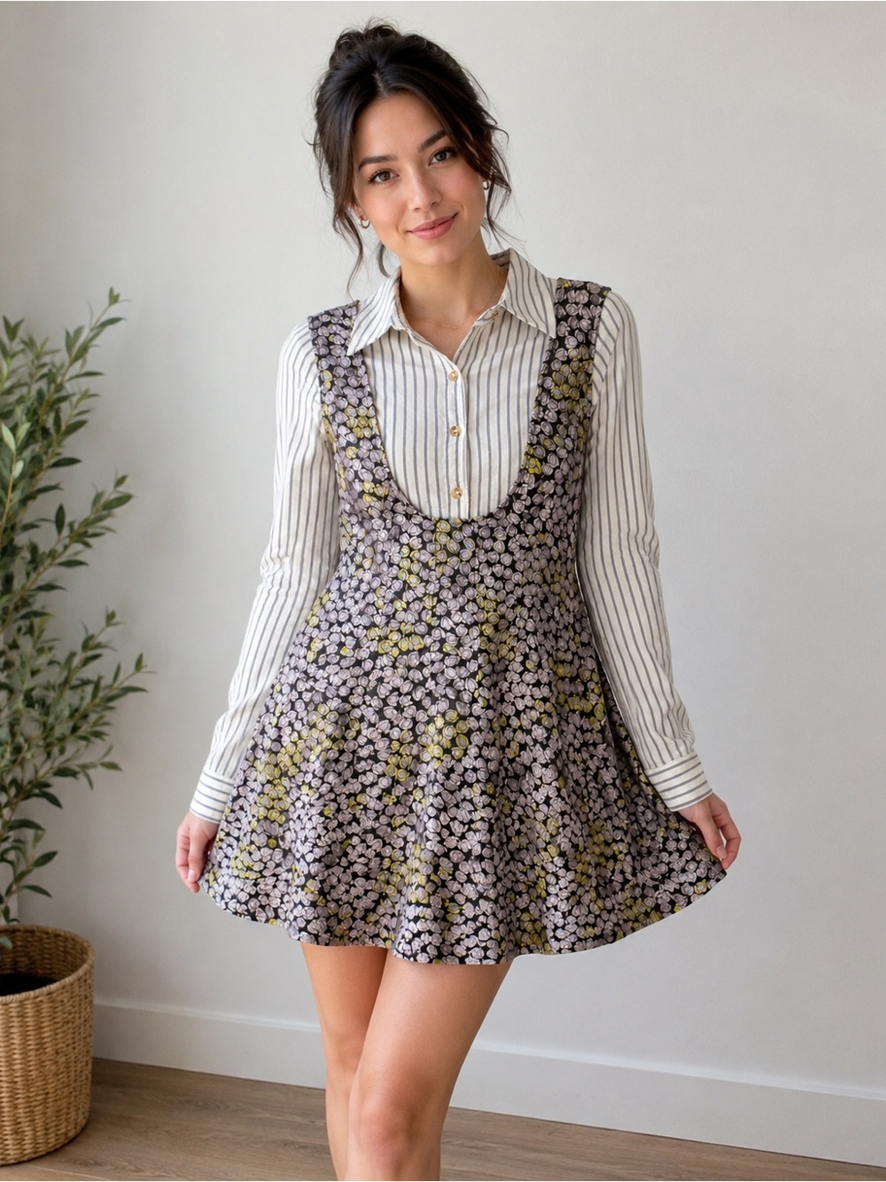 Anthropologie Mixed Print Pinafore Dress Size XS Striped Floral Academia